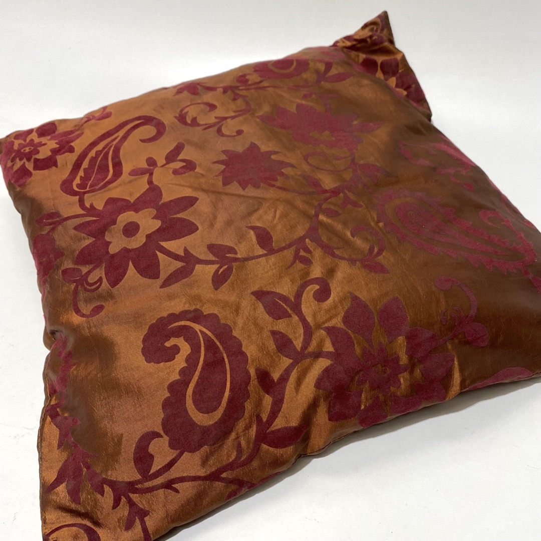 CUSHION, Rust Brown Silk w Dark Red Floral Pattern